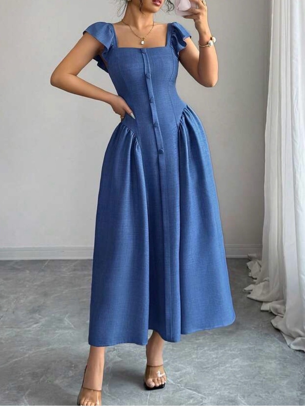 Blue Square-Neck Midi Dress with Button Front